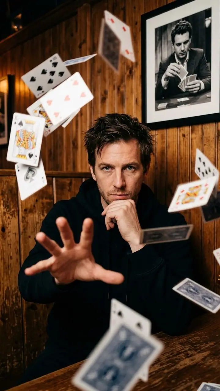 Man in a hoodie in a wooden booth with playing cards floating around him