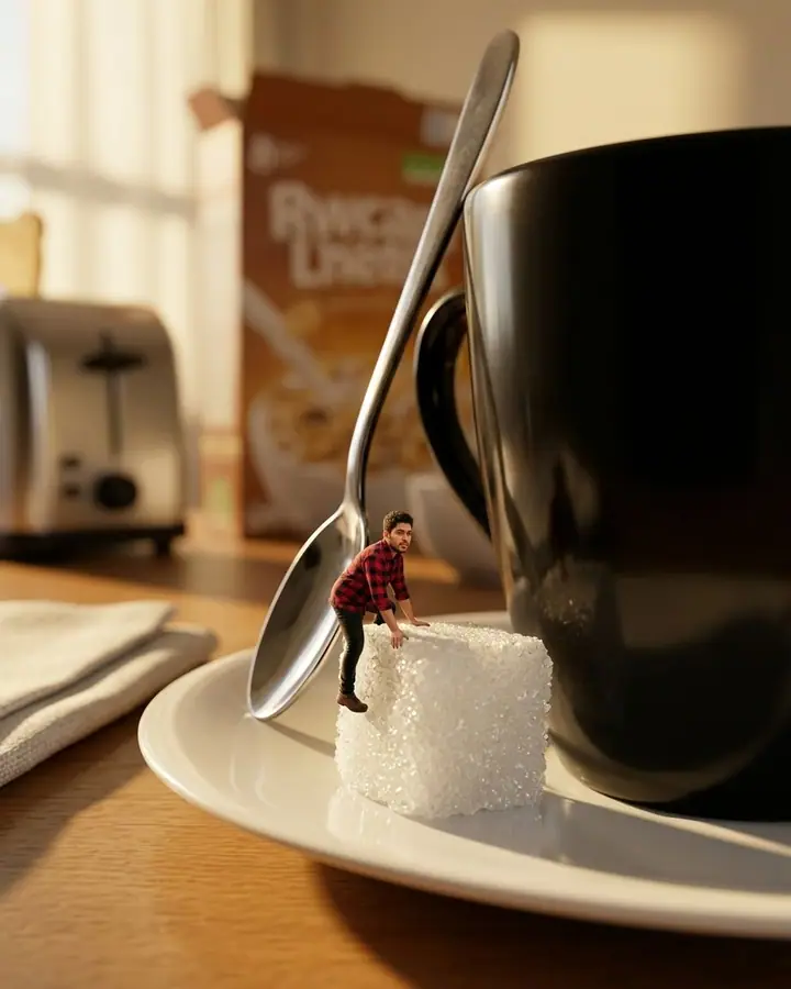 AI example of a tiny man climbing a sugar cube beside a giant coffee cup