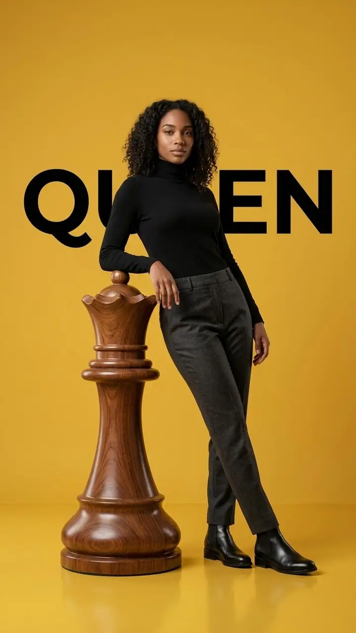 Woman in a black turtleneck leaning on a large chess queen piece against a yellow wall