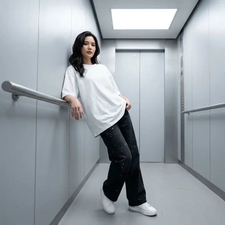 Woman in an oversized white tee and black jeans leaning in a minimal elevator