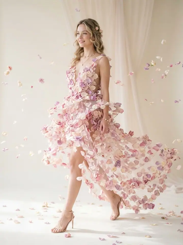 Woman walking in a gown made of floating flower petals in a soft-lit studio