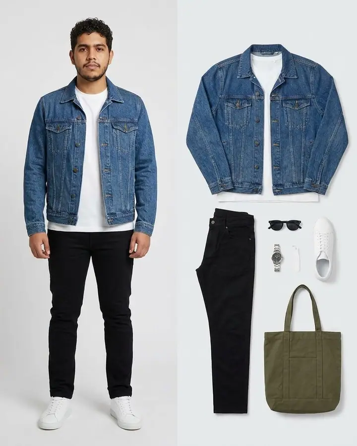 AI example of a split image showing a man in an outfit and the same items as a flat lay