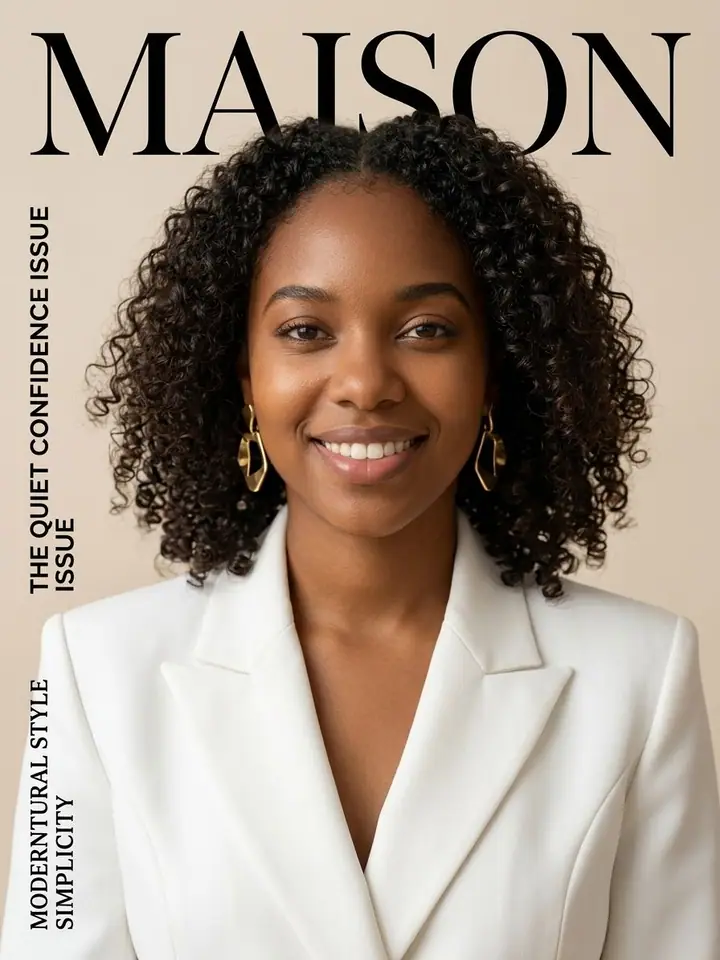 AI example of a glossy fashion magazine cover with a woman in a white sculptural blazer