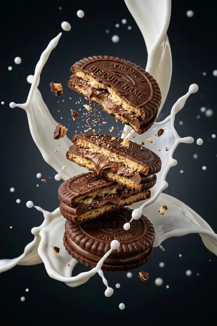 Stack of cream-filled chocolate biscuits wrapped in a swirling milk splash