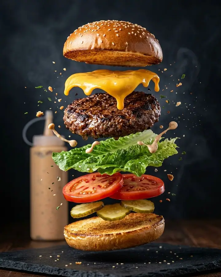 AI example of a burger with each layer floating apart against a dark background