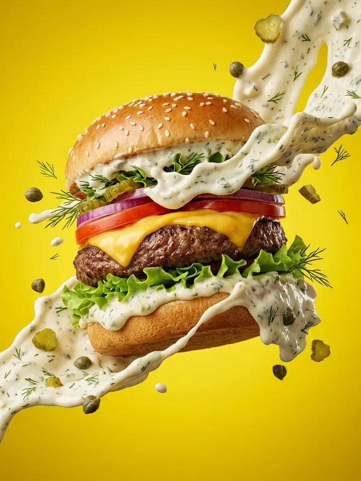 Four burgers bursting through different sauce splashes on colored backgrounds