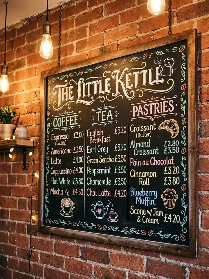 AI example of a hand-lettered chalkboard café menu with doodles