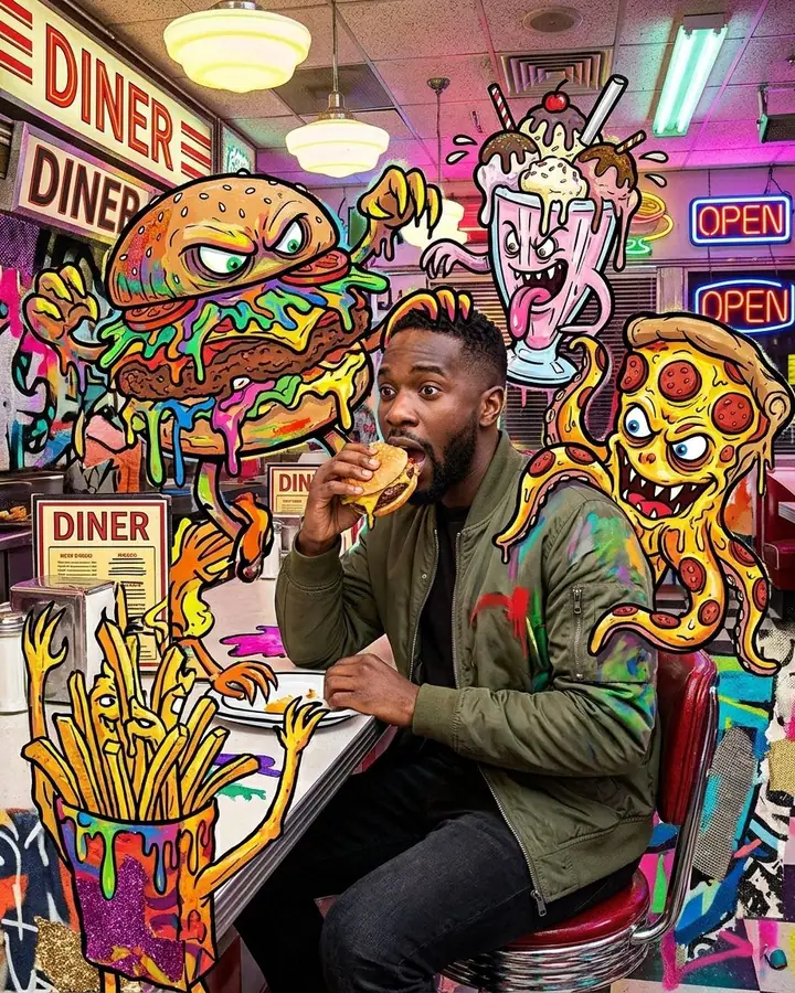 Person eating at a diner surrounded by colorful cartoon fast-food monsters