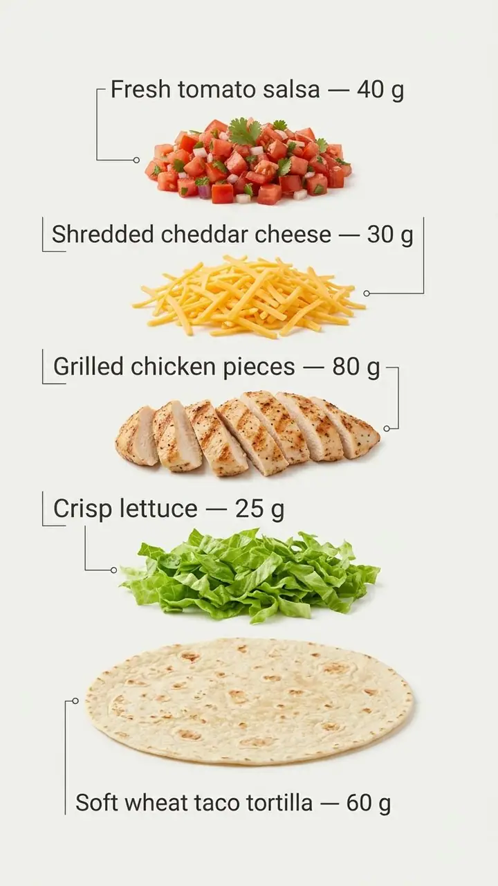 Taco ingredients floating in a vertical stack with gram labels