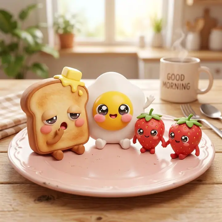 AI example of cute 3D breakfast food characters with faces on a pastel plate