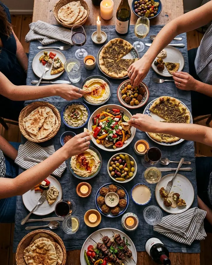 AI example of a top-down dinner party table with shared mezze dishes and hands