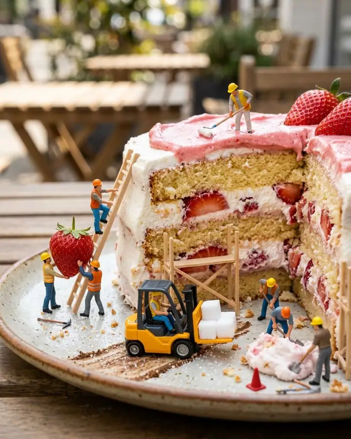 AI example of tiny miniature workers building on a giant slice of strawberry cake
