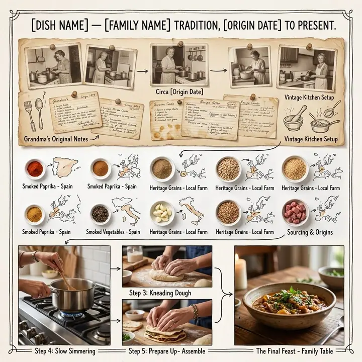 Framed board showing a family recipe's history, ingredients and modern preparation
