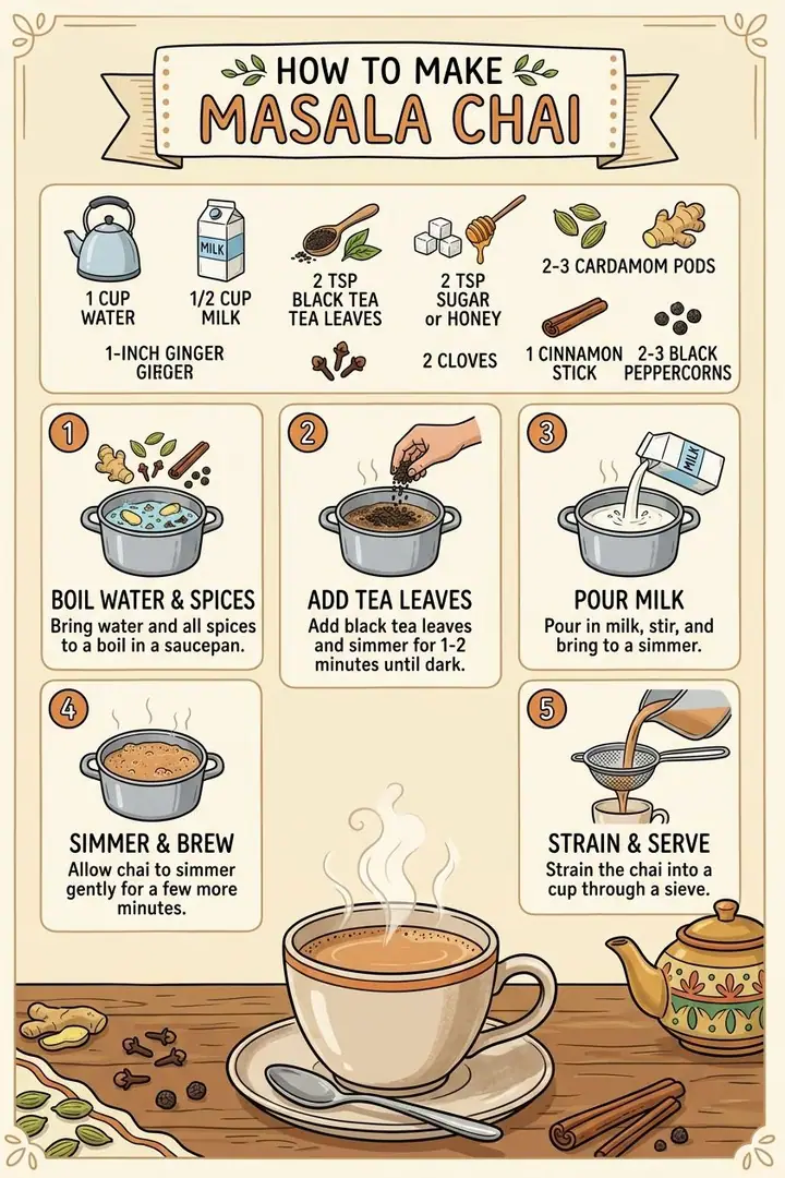 AI example of an illustrated step-by-step masala chai recipe infographic