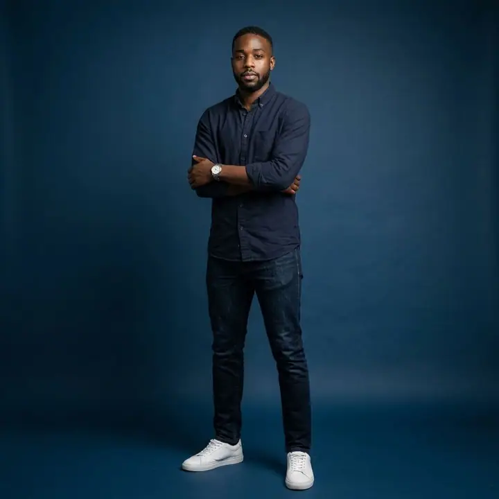 Man in a navy t-shirt and jeans posing in front of a blue studio wall