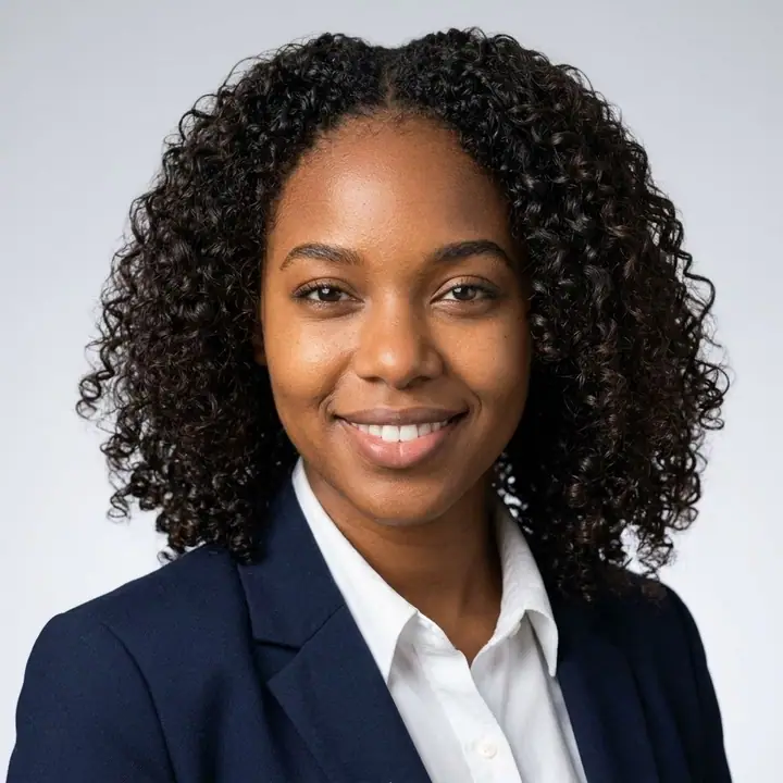 AI example of a professional LinkedIn headshot of a woman in a navy blazer on grey