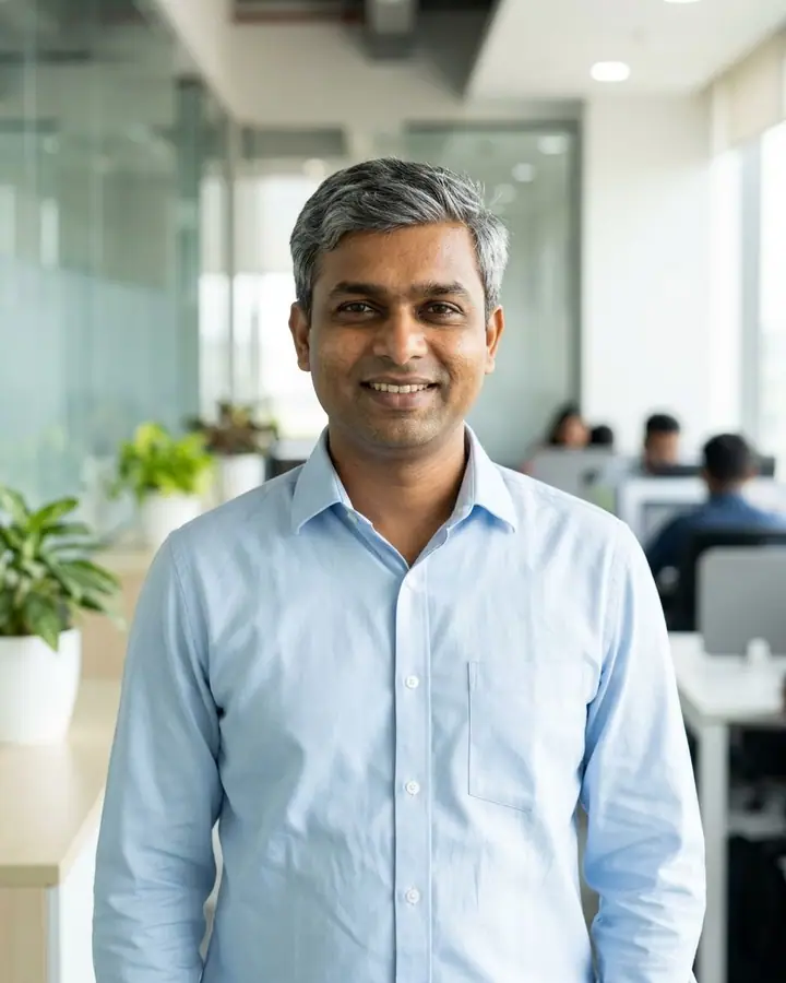 AI example of a man's business headshot with a blurred modern office behind him