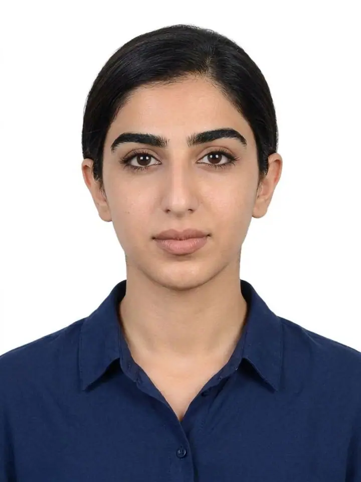 AI example of a neutral passport-style ID photo of a woman on a white background