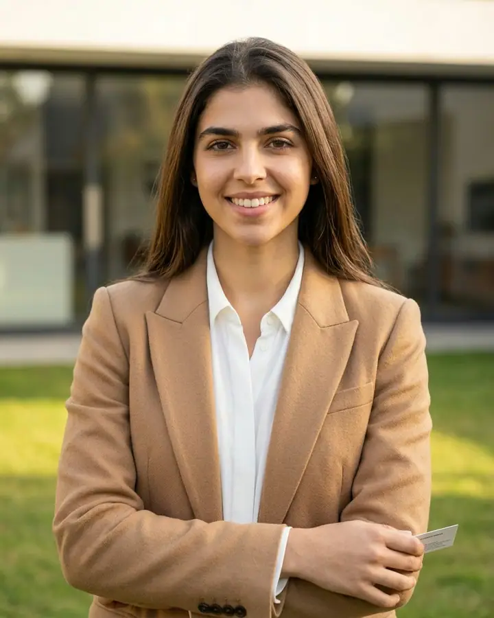 AI example of a friendly realtor headshot of a woman with a blurred modern house
