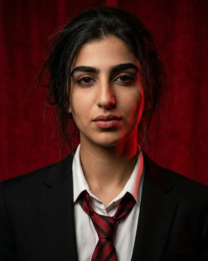 Woman in a black suit and red tie against a deep red backdrop with dramatic lighting