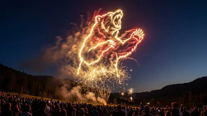 Golden fireworks shaped like a howling wolf above a dark crowd