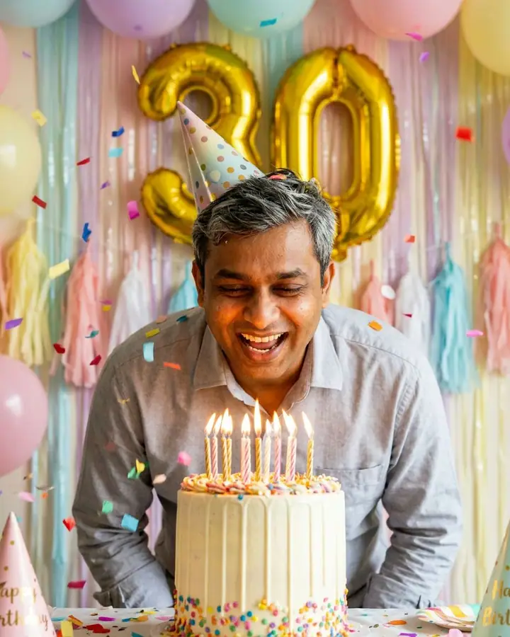 AI example of a man blowing out birthday candles with confetti and balloons
