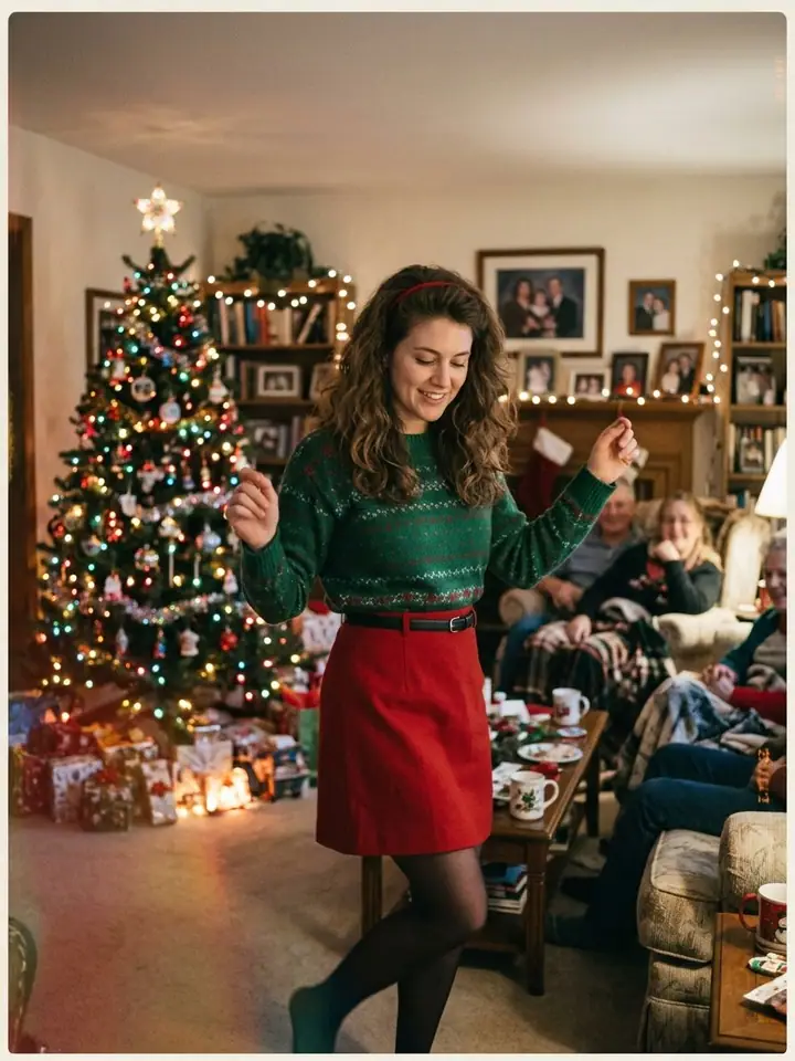 Woman in a green sweater dancing in a cozy living room by a lit Christmas tree