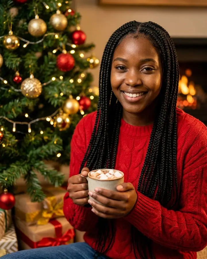 AI example of a woman in a red knit sweater with hot chocolate by a Christmas tree