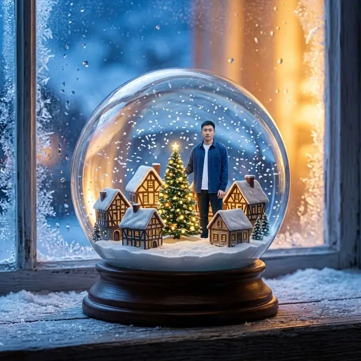 AI example of a snow globe with a tiny man in a miniature snowy village