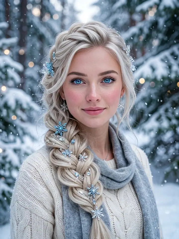 Woman with a platinum braid decorated with blue snowflakes in a snowy forest