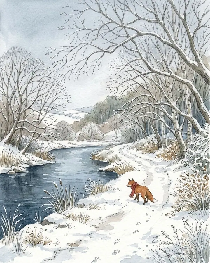 Watercolor of a fox in a red scarf on a snowy riverside path