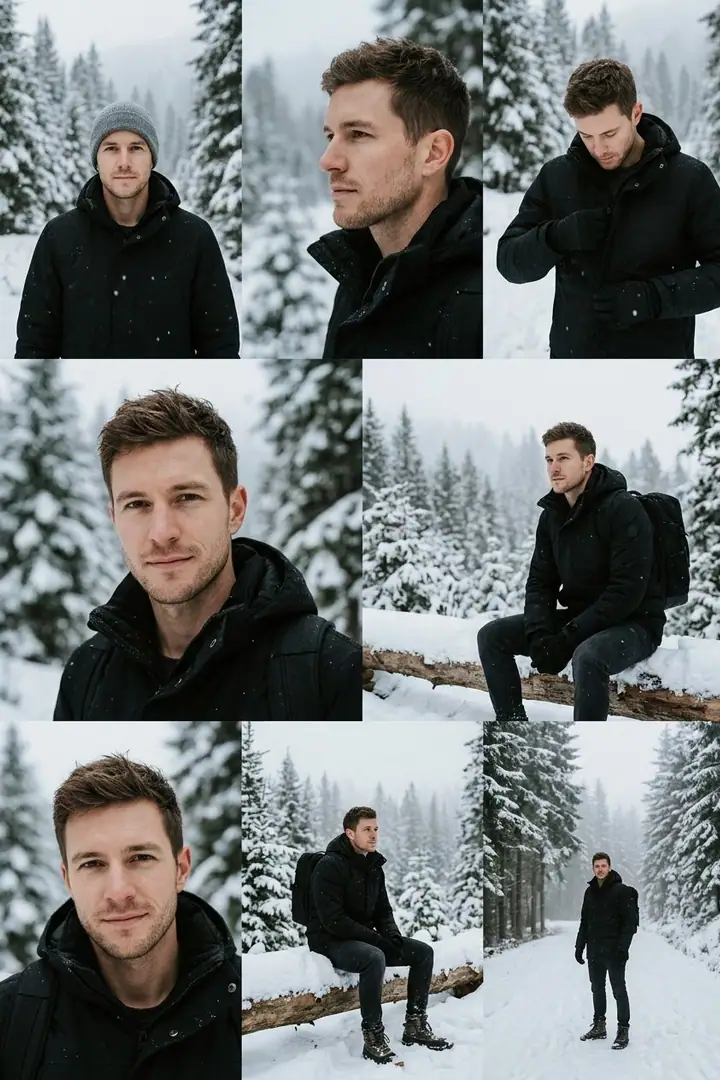 Six-frame collage of a man in a black jacket and beanie in a snowy forest