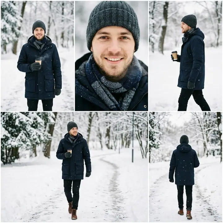 Five-panel collage of a man in a coat and beanie walking in the snow with a drink