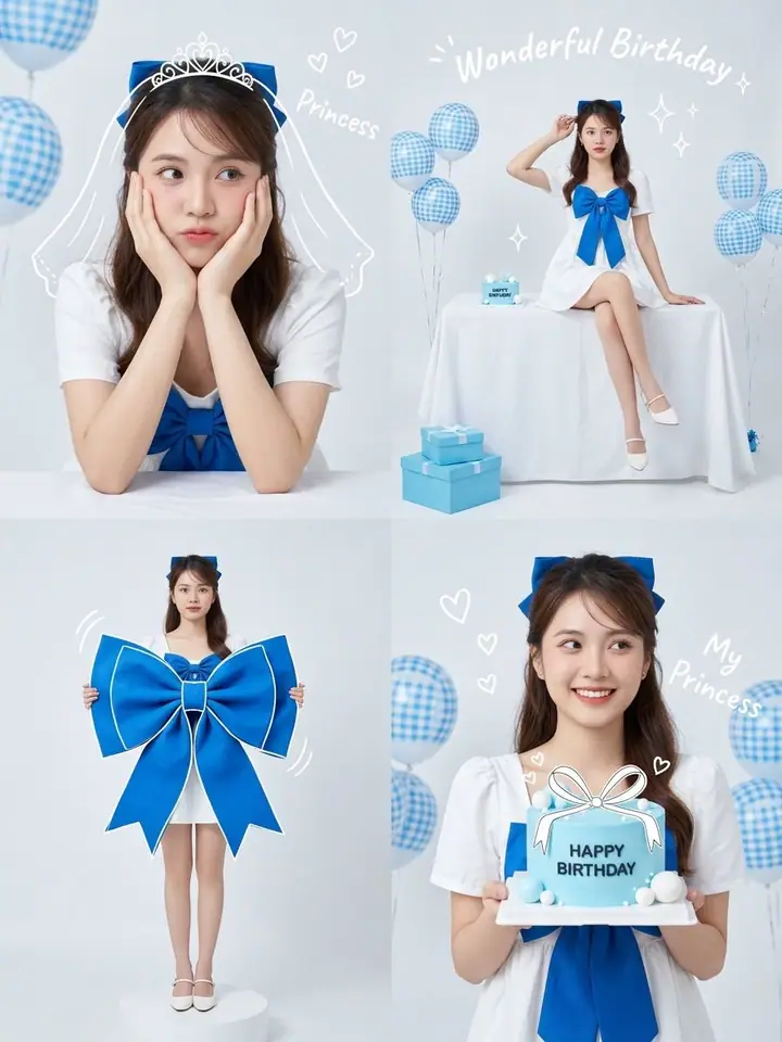 Four-panel blue birthday photo set with doodled tiara and "Princess" captions