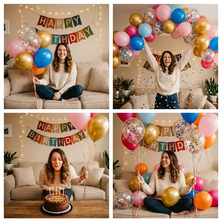Three-panel collage of a woman celebrating her birthday at home with balloons and cake
