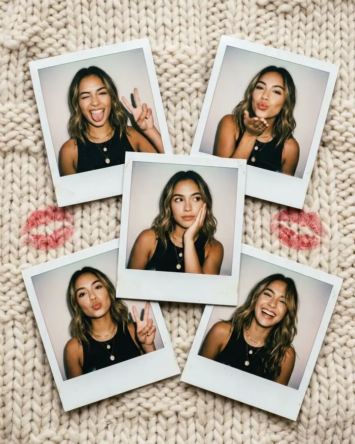 Five polaroid photos of a woman making playful faces on a knit blanket