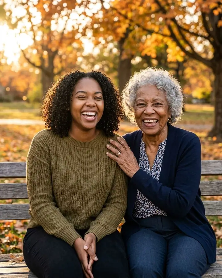 AI example of a woman on a park bench beside an aged-up version of herself