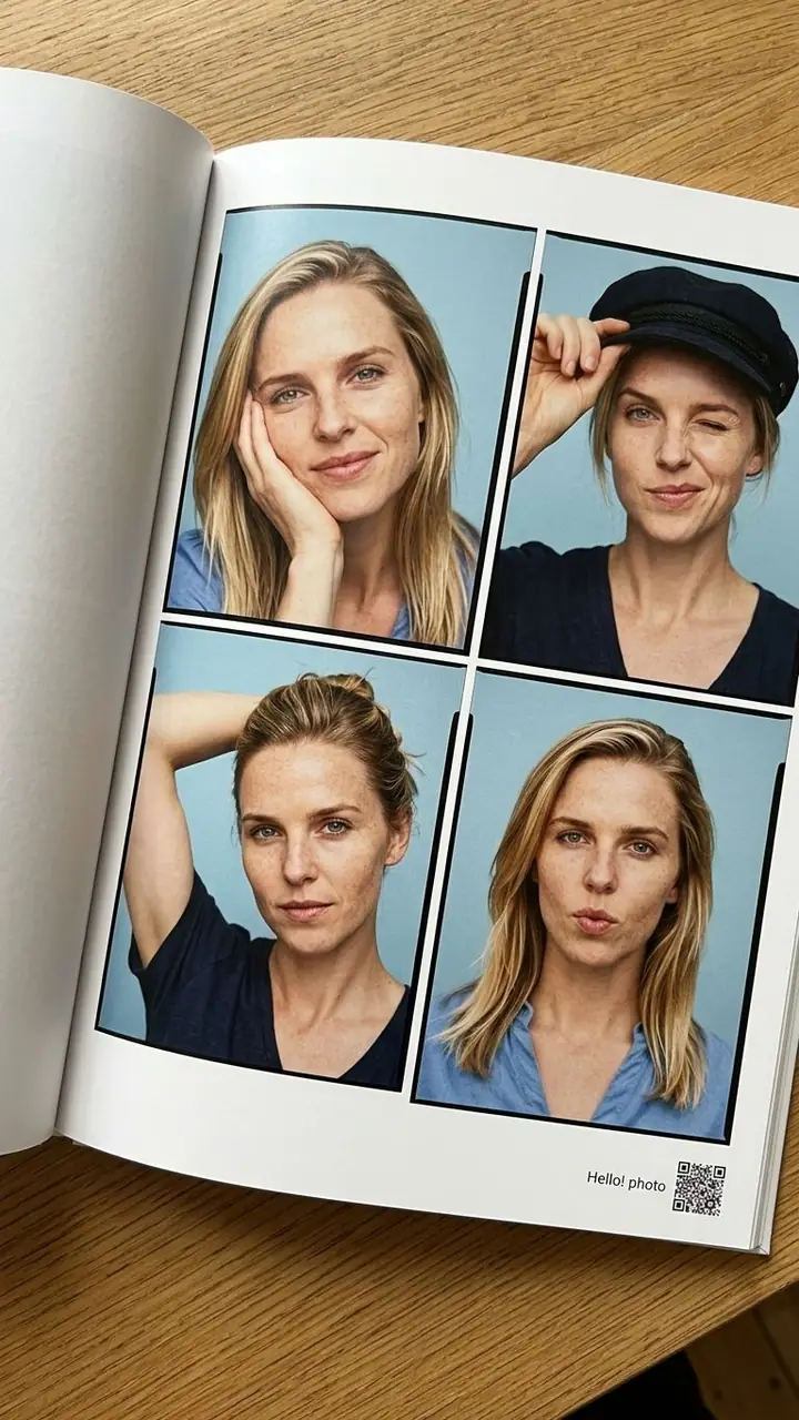 Open photobook showing a 2x2 grid of portraits of the same woman