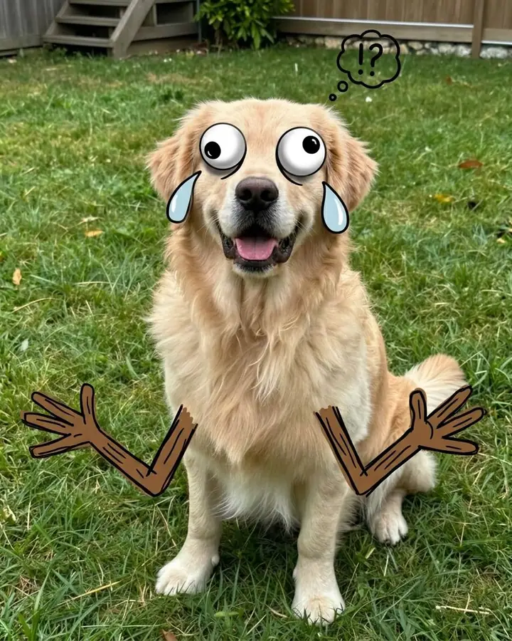 Dog photo with cartoon googly eyes and stick arms drawn on