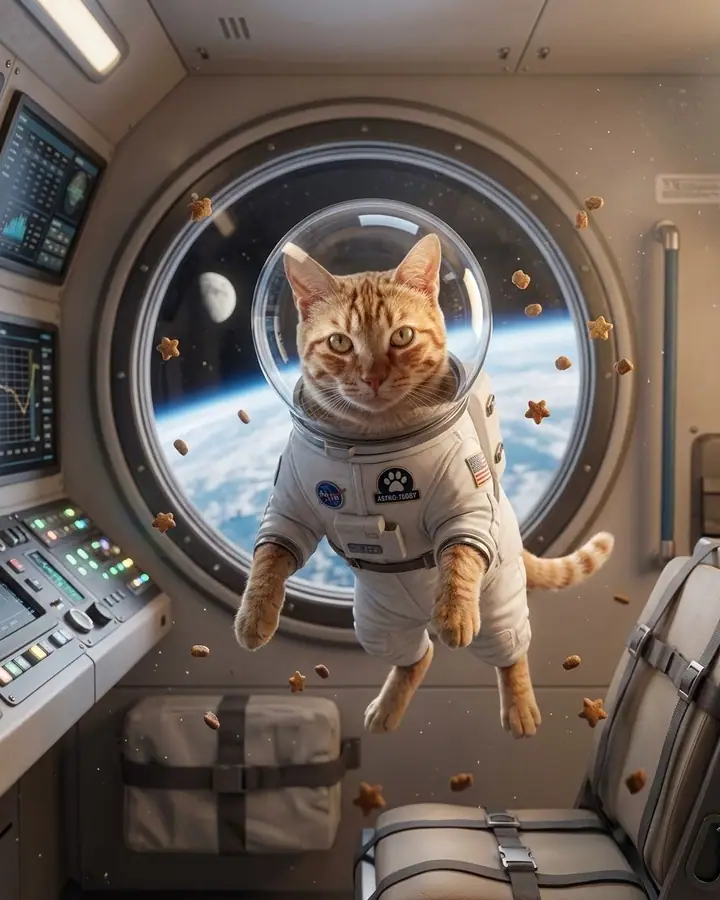 AI example of an orange tabby cat in a tiny spacesuit floating in a spaceship cabin