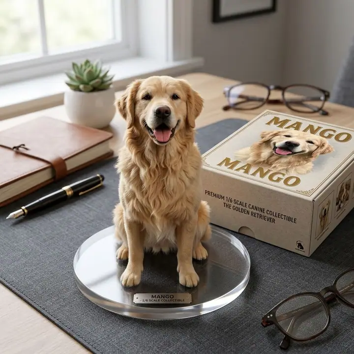 AI example of a golden retriever collectible figure on a desk beside its box