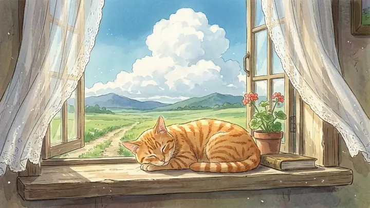 AI example of an orange tabby cat napping on a windowsill in a hand-painted anime style