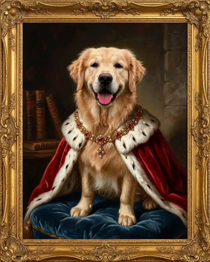 AI example of a golden retriever painted as nobility in a red velvet cape