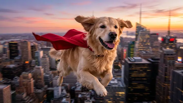 AI example of a golden retriever with a red cape flying over a city at sunset