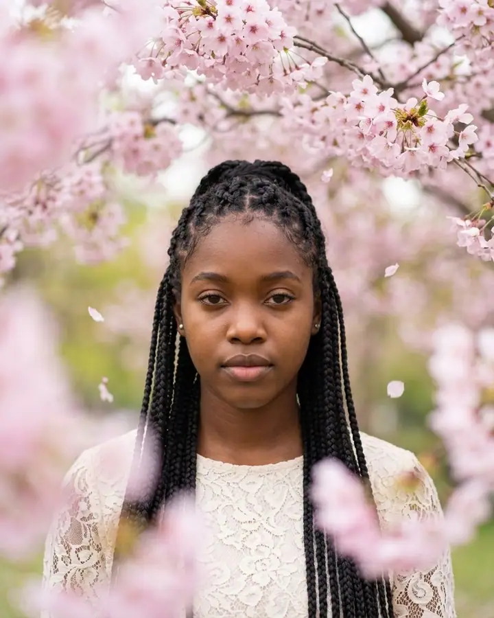 AI example of a woman with braids under pink blossom branches with drifting petals