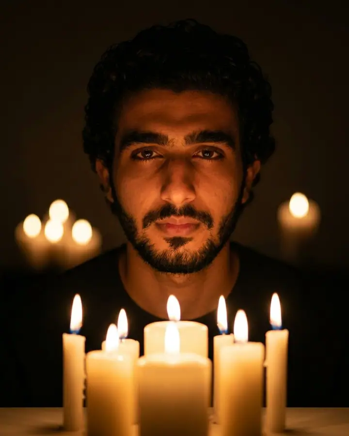 AI example of a candlelit portrait of a man with flame reflections in his eyes