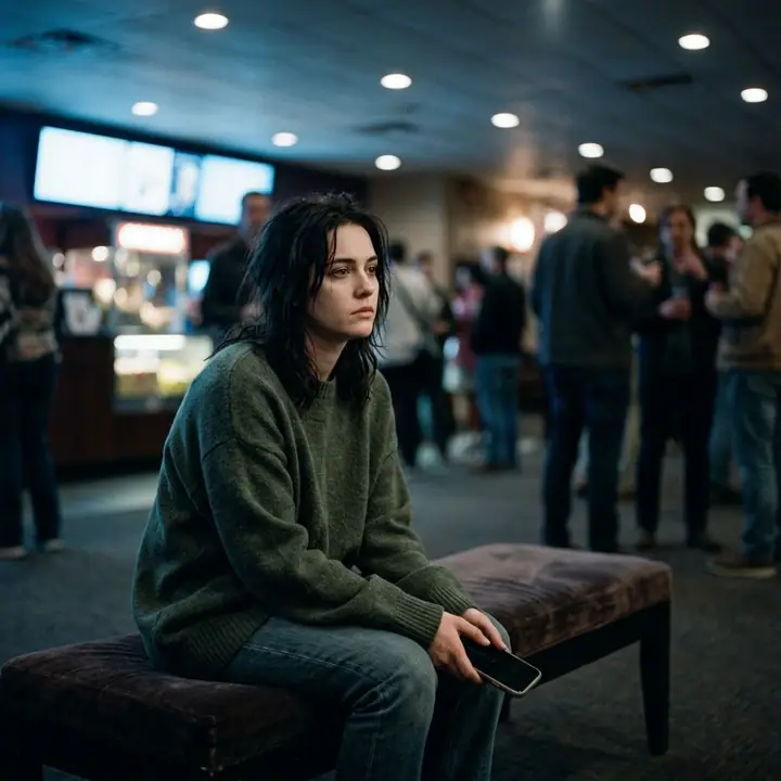 Woman alone in a blurred crowd lit by cold blue light, like a film still
