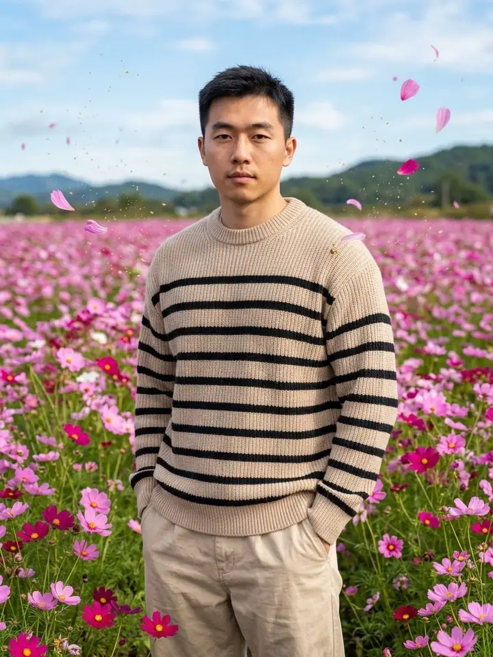 Man in a striped knit sweater standing in a field of pink cosmos flowers