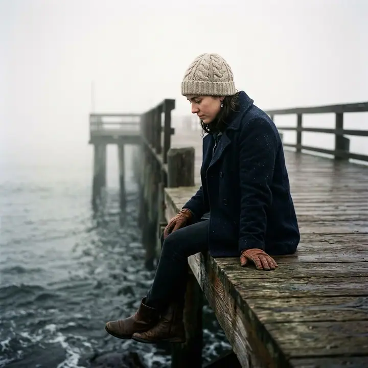 Woman in a beanie and navy peacoat sitting on a foggy wooden pier