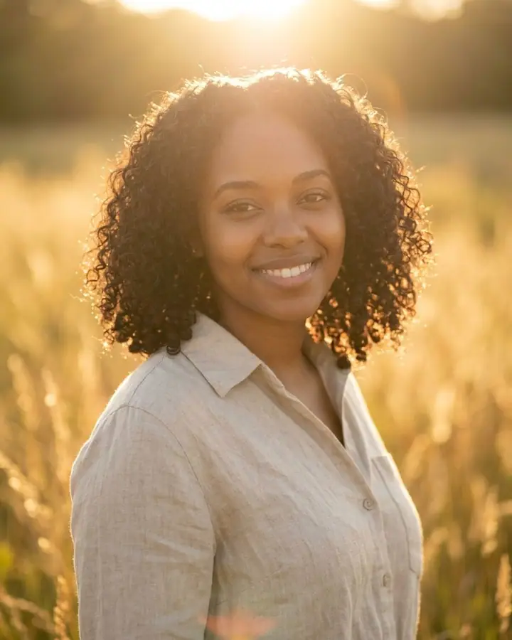 AI example of a woman with curly hair in tall grass at golden hour with a lens flare